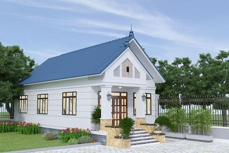 Mẫu nhà cấp 4 mái Thái màu xanh, tường trắng