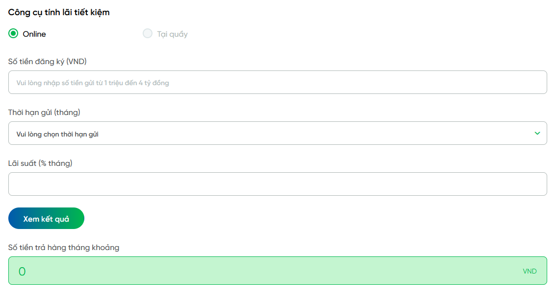 Giao diện công cụ tính lãi suất ngân hàng VPBank