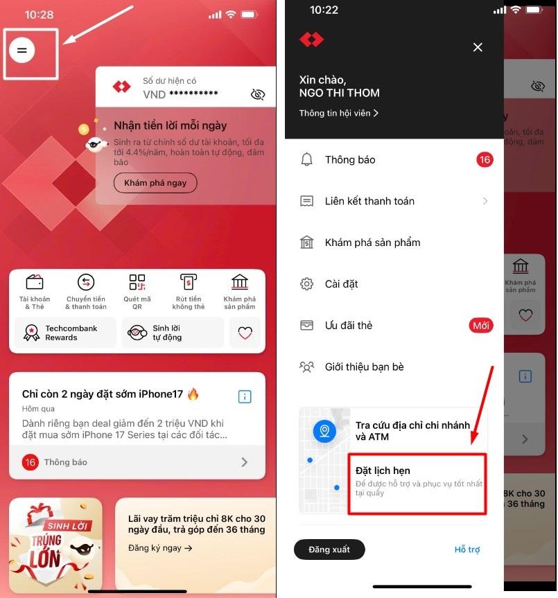 đặt lịch hẹn tại chi nhánh Techcombank