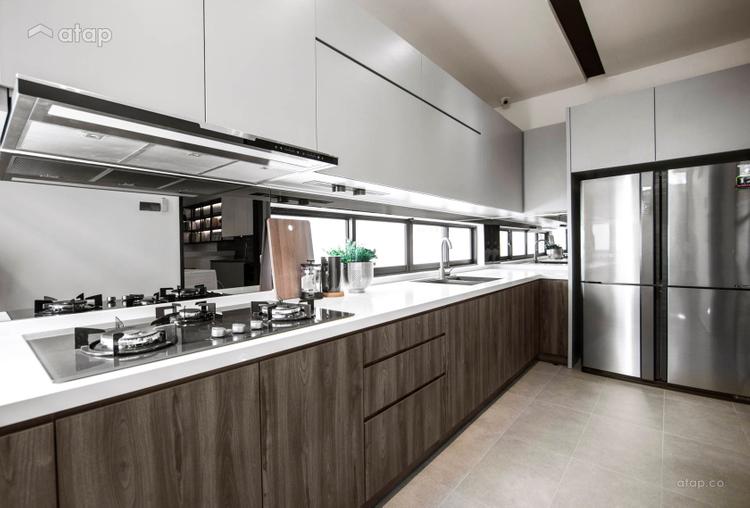 wide kitchen design with stainless steel refrigerator and wooden cabinet