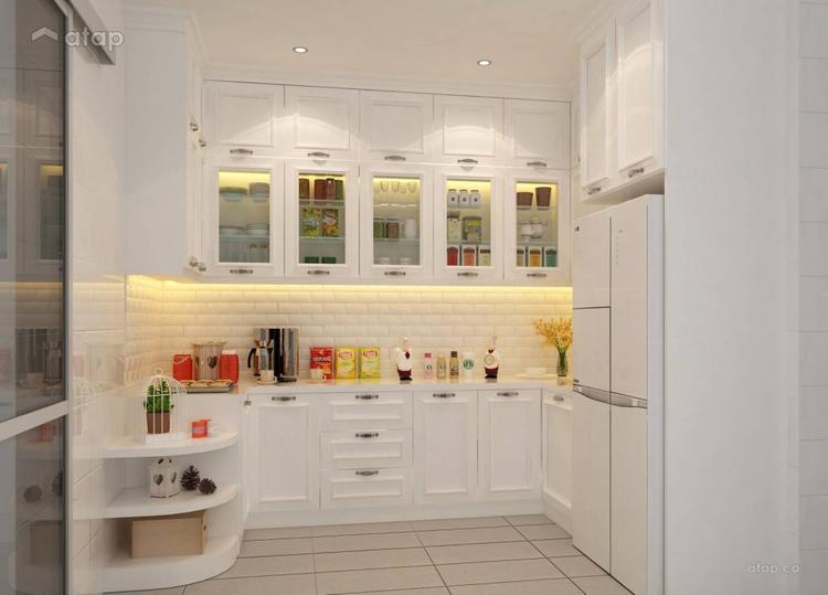 All white kitchen design with a pantry cabinet and a white refrigerator