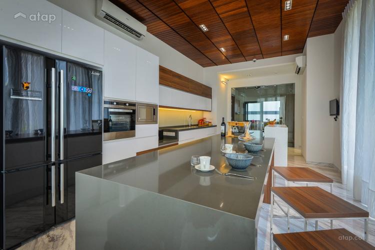 elegant kitchen with white kitchen cabinet, a black refrigerator and a quartz countertop
