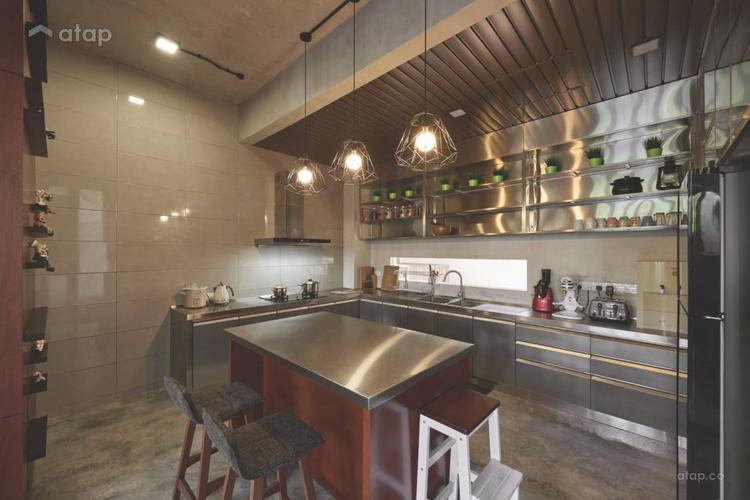 industrial design kitchen with stainless steel kitchen top and cabinet