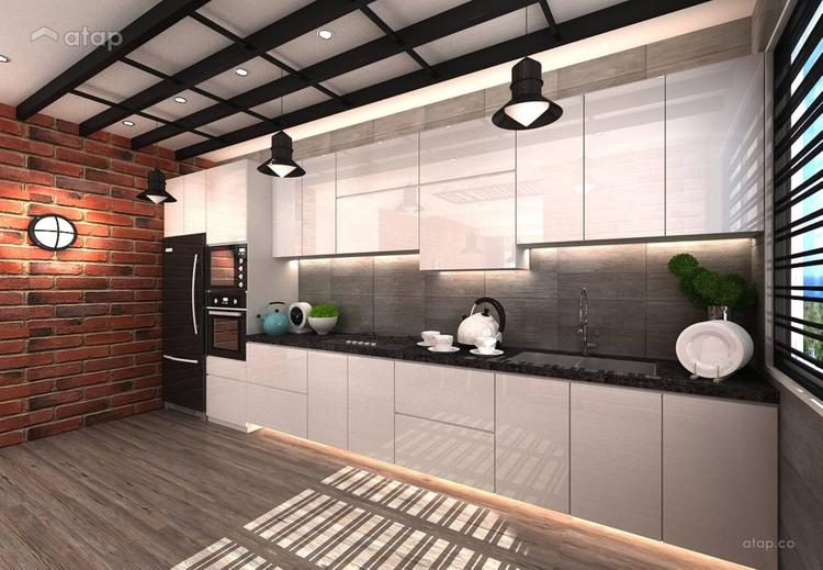 monochrome kitchen design with a brick feature wall