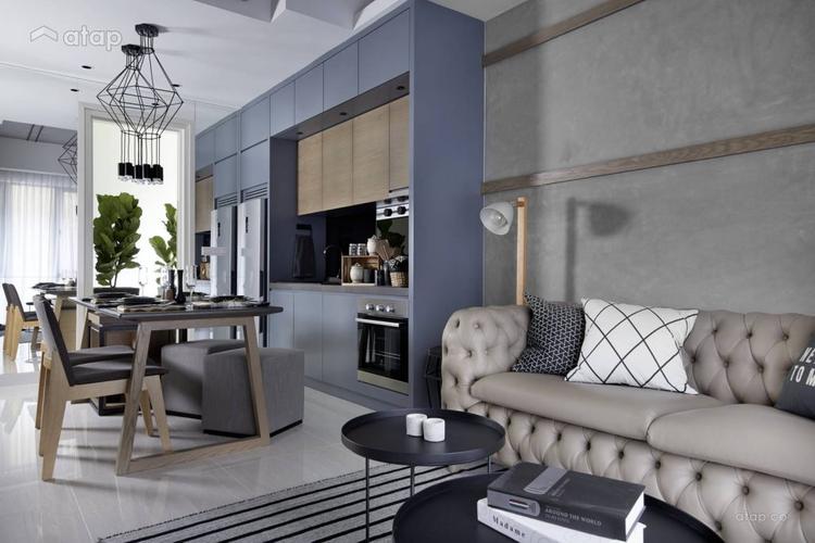 small kitchen in an apartment with greyish blue design