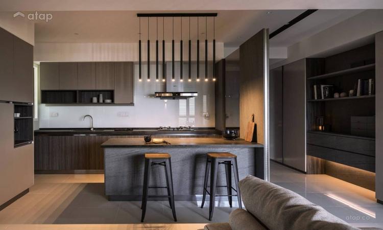 Black and bold kitchen design with hanging pendant lights