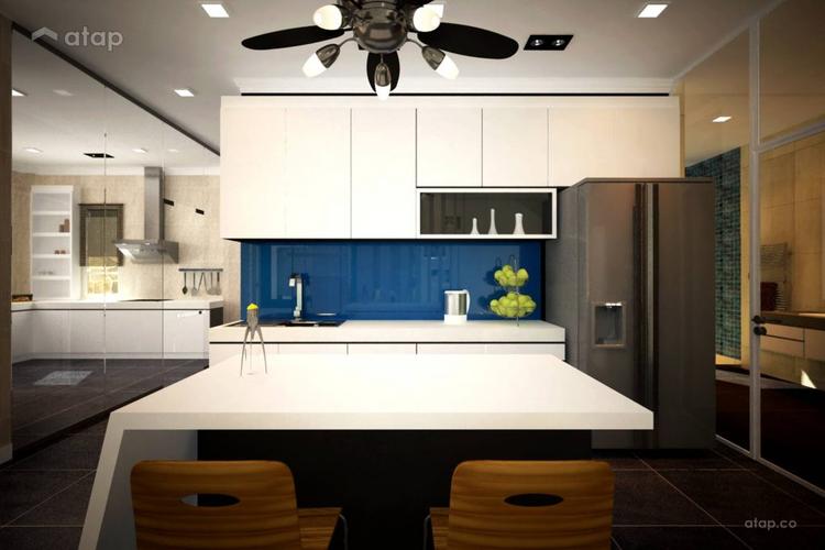 White kitchen with an island and a blue backsplash 