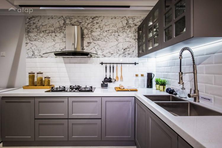 Small kitchen with subway tiles and gray cabinetry