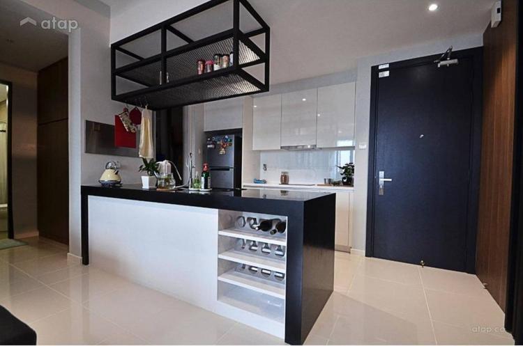black and white themed kitchen in a small apartment. 