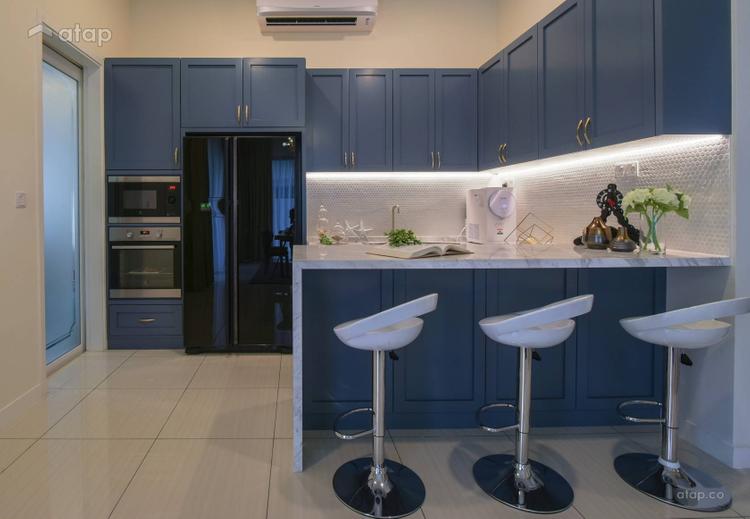 all blue kitchen design with island and high chairs