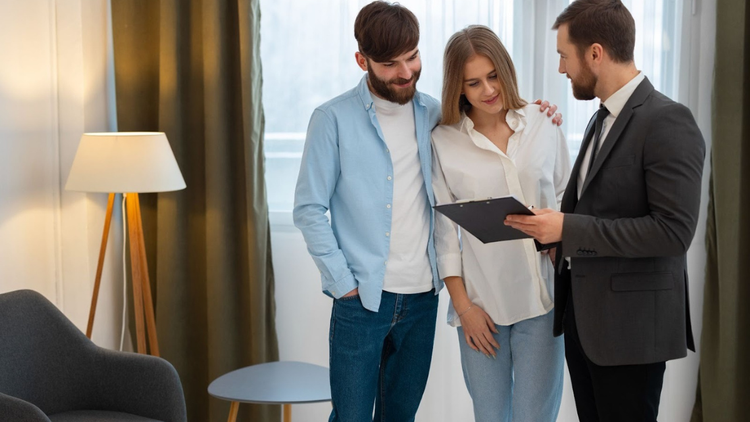 A couple smiles as a man in a suit shows them a clipboard in a room.