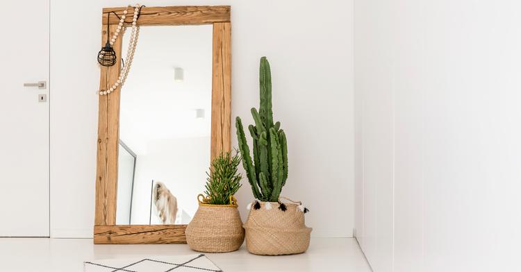 rectangular-shaped-mirror-standing-upright-against-a-wall-with-two-baskets-of-indoor-plants-next-to-them