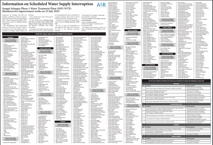 Water supply disruption in Klang Valley area due to improvement works ...