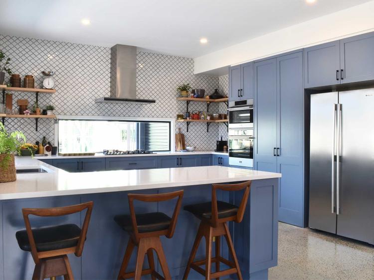 Contemporary blue corner home kitchen cabinet ideas