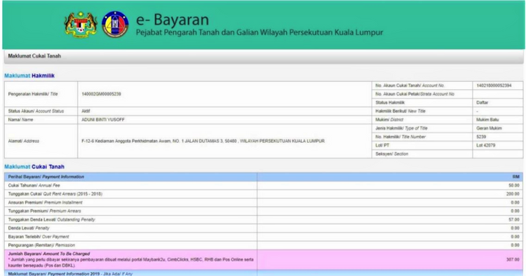 how to pay cukai tanah online