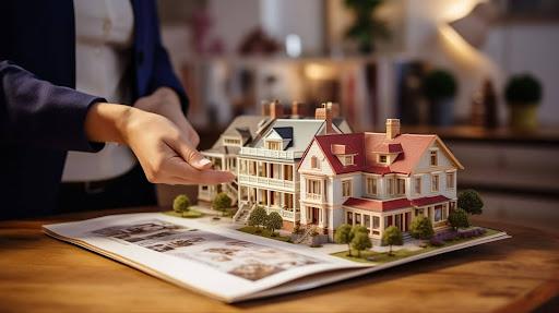 Close-up of a real estate agent’s hand pointing at a small house model during a property discussion.