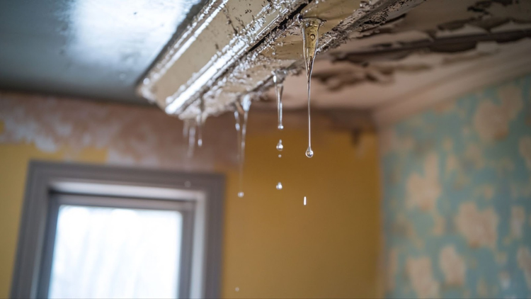 Water dripping from the ceiling in a damaged interior space