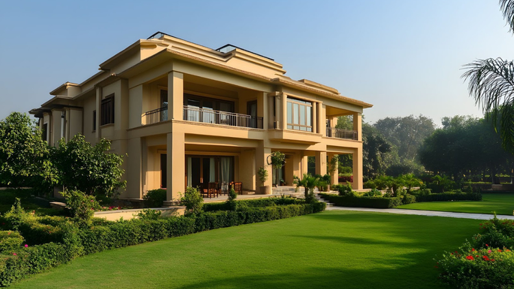 A bungalow with a large lawn