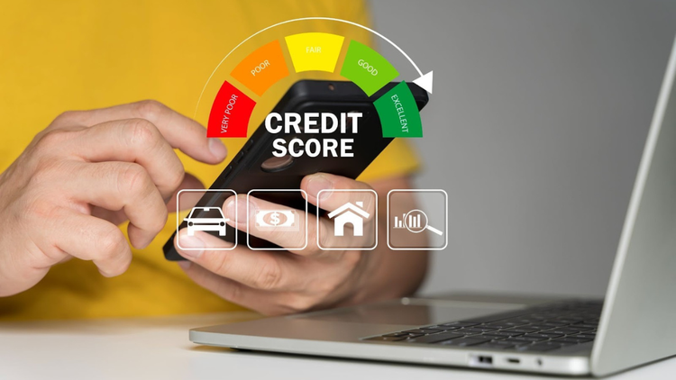 Person checking their credit score on a smartphone with a credit rating meter displayed above the screen.