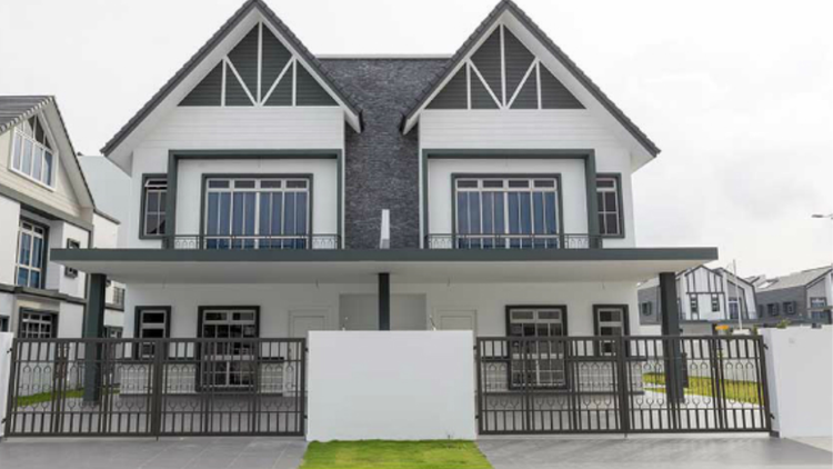 Modern two-story semi-detached house with a white and grey facade.