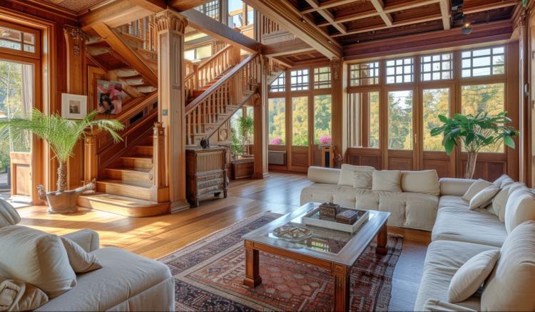 Wooden house interior with timber decor and furnishings