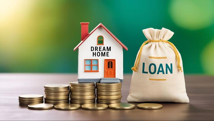 A model home indicating a dream home is stacked on piles of coins, and beside it is a money bag with “LOAN” written on it.