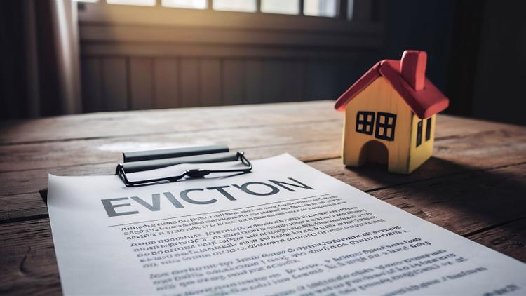 Eviction notice document and toy house on a table