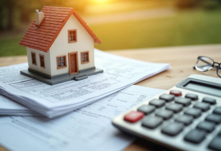 A model house, documents, a calculator, and a pair of spectacles are placed on a wooden table.