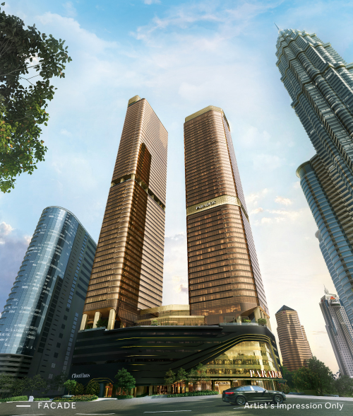 Artistic impression of CloutHaus Residences, Kuala Lumpur, featuring two high-rise towers alongside the Petronas Twin Towers.