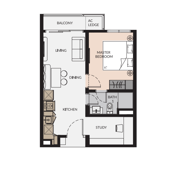 Laurel Residence one-bedroom unit floor plan with balcony and study