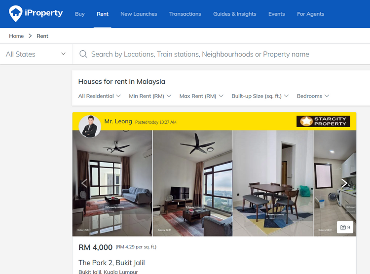 A screenshot of the iProperty website shows a search page for "Houses for rent in Malaysia.