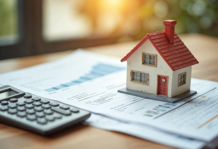 A house model, documents and a calculator are placed on a table