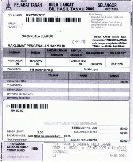 Sample Quit Rent (Cukai Tanah) bill showing property details and payment amount.