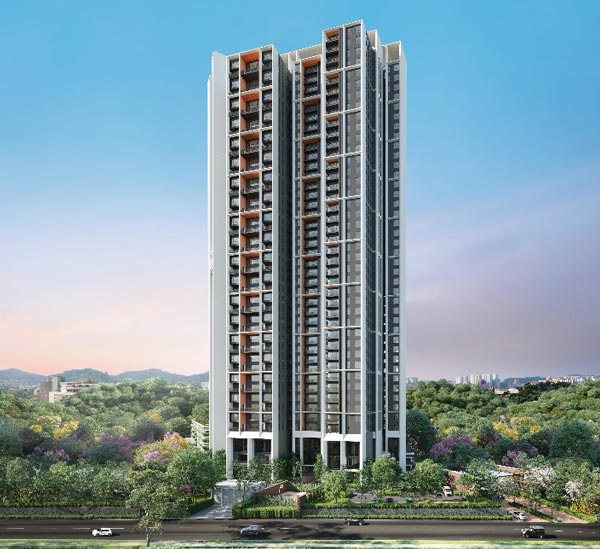 Artistic impression of Papyrus North Kiara, a high-rise residential building in Kuala Lumpur, surrounded by greenery.