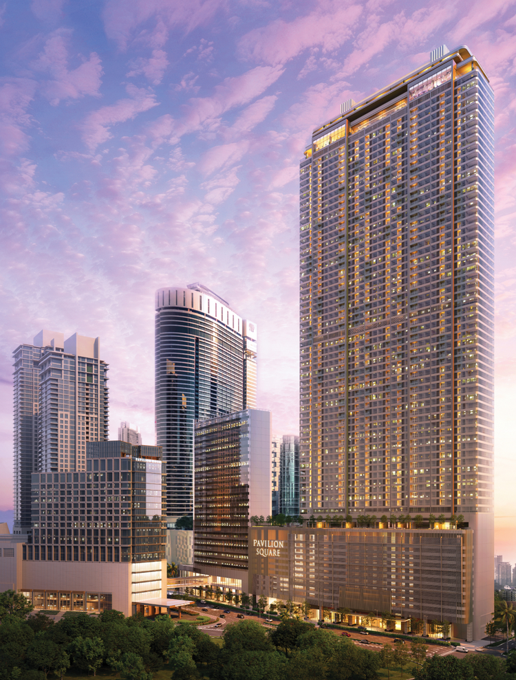 Artistic impression of Pavilion Square, Kuala Lumpur, showing a modern high-rise residential tower against a colourful evening sky. 