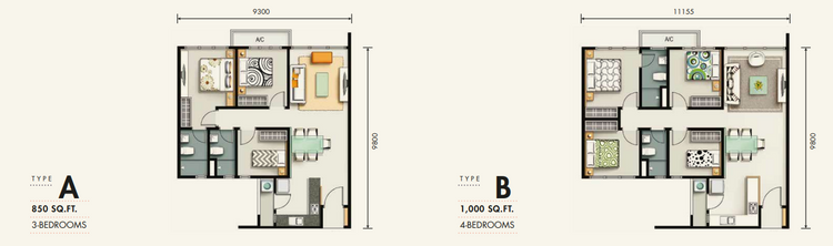 M Vertica Type A and Type B floor plan layouts.
