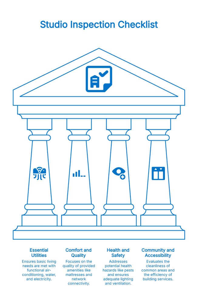 An infographic styled as a building with four columns presents a "Studio Inspection Checklist," detailing categories