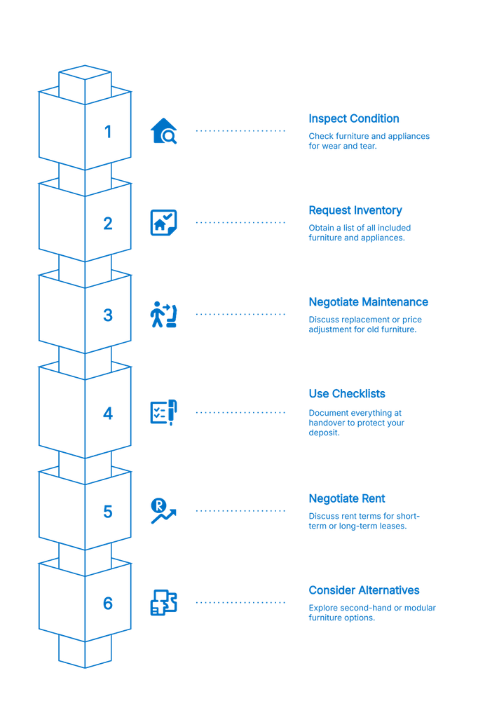 A six-step block graphic for negotiating furnished rental units