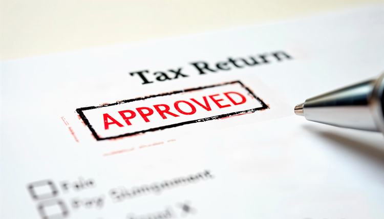 Close-up of a "Tax Return" document featuring a large red "APPROVED" stamp