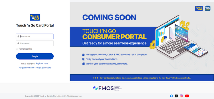 Touch ’n Go Card Portal login page with a notice about the upcoming Touch ’n Go Consumer Portal.