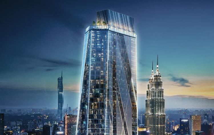 Artistic impression of Oxley Towers KLCC, a modern high-rise building with KL city skyline in the background.