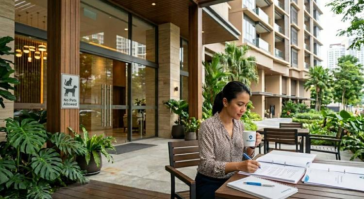 A woman sits at an outdoor table with documents and an iproperty coffee mug, working. She is wearing a patterned shirt and dark pants. The background includes a large modern building with balconies, trees, and other patio furniture. There is a sign that reads "No Pets Allowed" near the building entrance. The woman appears to be writing in one of the notebooks on the table.
