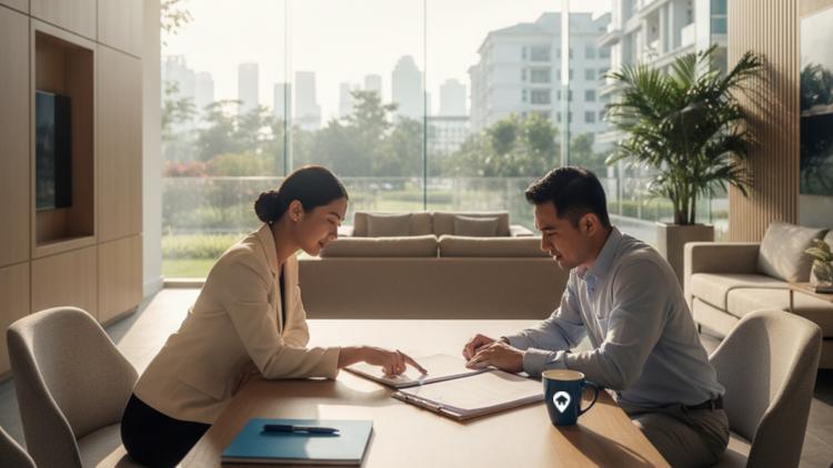 Malaysian homebuyer reviewing property purchase documents with adviser in a modern sales gallery