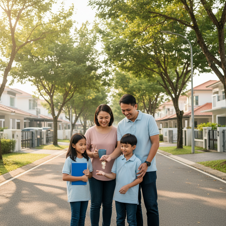A family evaluating a home purchase in a green neighborhood in Kuching South.