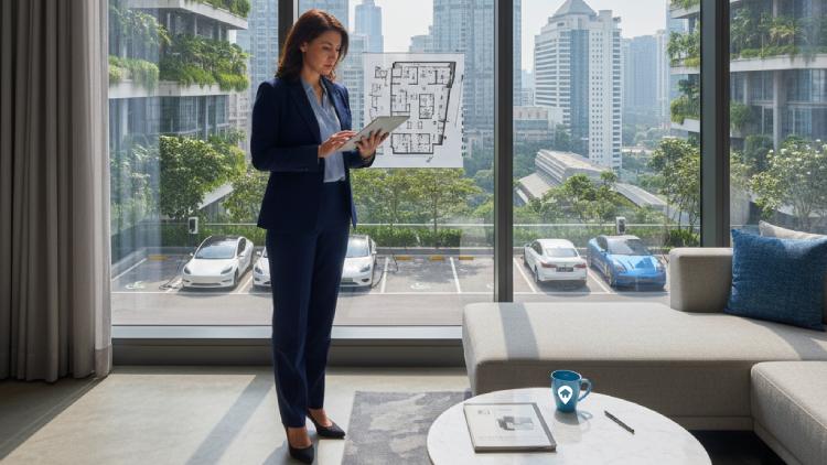 Professional reviewing EV-ready high-rise property in Kuala Lumpur with charging bays visible