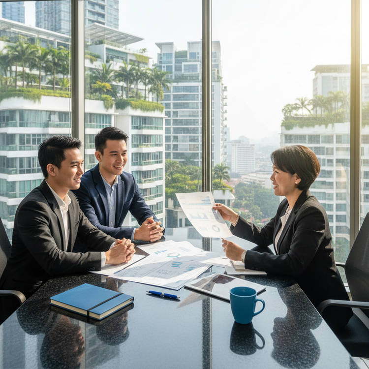 Malaysian homebuyers reviewing property documents and financial plans at a bright wooden table.