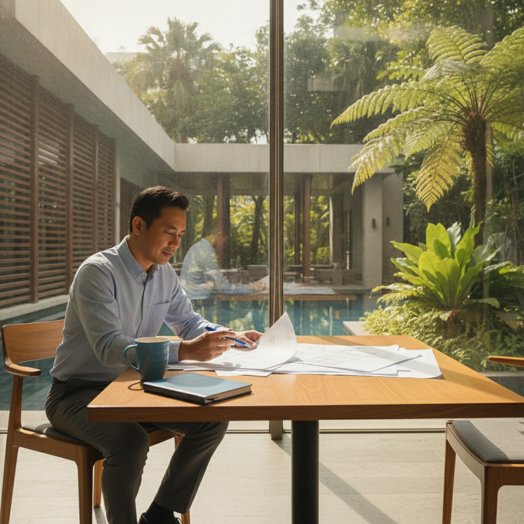 Malaysian condominium owner reviewing strata building by-laws documents at a table.