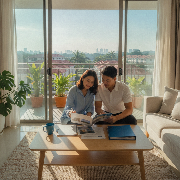 Young Malaysian couple reviewing Residensi Wilayah RUMAWIP application documents at home.