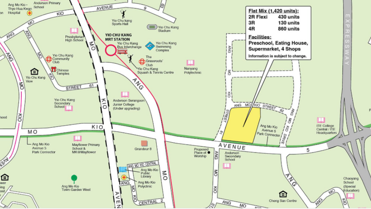 Location of the Ang Mo Kio HDB BTO Oct 2025 flats, bounded by Ang Mo Kio Avenue 5 and Ang Mo Kio Street 64 near Yio Chu Kang MRT.