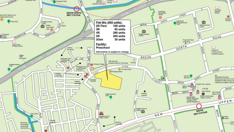 Location of the Bedok HDB BTO Oct 2025 flats, bounded by Bedok North Road and Bedok North MRT near Pan-Island Expressway.